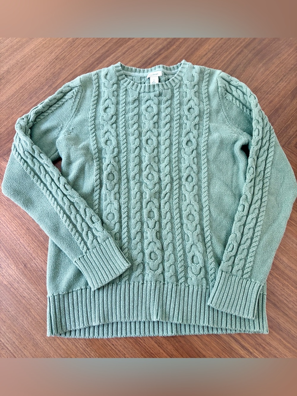 LL Bean Cable Knit Sweater Womens S Sage Green Fisherman Chunky Crew Neck Cotton